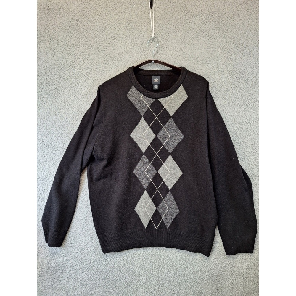 Dockers Sweater Men Large Black Gray Argyle Print Tight Knit Ribbed Hem Pullover